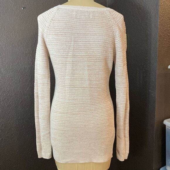 ANN Taylor Loft size medium soft pink open knit crew neck tunic sweater - Picture 4 of 5